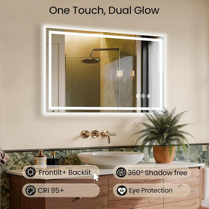 48x32 LED Bathroom Mirror with Anti-Fog, Backlit & Front Lit, Memory | Stepless Dimmable 3 Color CRI 95+ Shatterproof Tempered Glass ETL Listed for Safety Lighted Bathroom Vanity Mirror for Wall