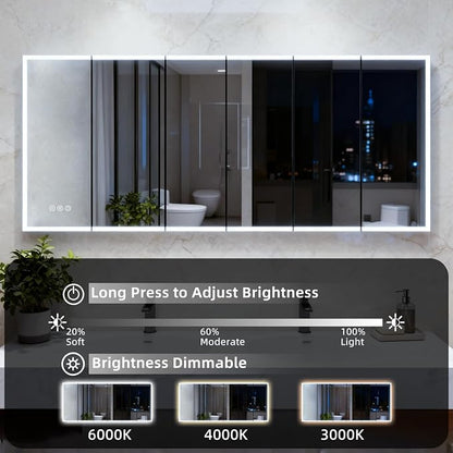 Medicine Cabinet with Lights, Bathroom LED Mirror Cabinet with Storage, Anti-Fog & 3 Color Lights, Recessed or Wall Mounted (96X40 in)
