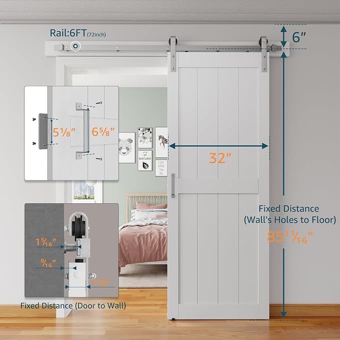 32''x84'' Sliding Barn Door with 6 Ft Brushed Nickel Hardware Kit | Pre-Drilled Holes Easy Assembly - Include Installation Manual, Water-Proof PVC Surface, H-Frame, White
