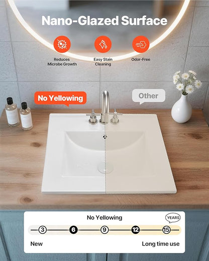 VEVOR Semi Recessed Bathroom Sink, 20.08 x 18.31 Inch Rectangular White Ceramic Vessel Sink with Overflow and 3 Faucet Holes, Drop in Modern Lavatory Vanity Bath Wash Bowl Basin Rectangle Small Space