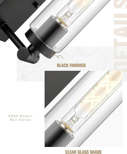 Emak Modern Black Wall Sconces Set of Two, Farmhouse Bathroom Sconce with Clear Glass Shade, 2 Light Bathroom Vanity Light for Living Room, Bedroom, Gallery, WS086-BK-CG-2PK