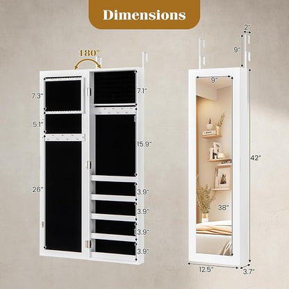 Giantex Jewelry Armoire with Full Length Mirror, Wall and Door Mounted Jewelry Cabinet Organizer with Magnetic Door, Large Storage for Earrings, Rings, Necklaces & Accessories, White