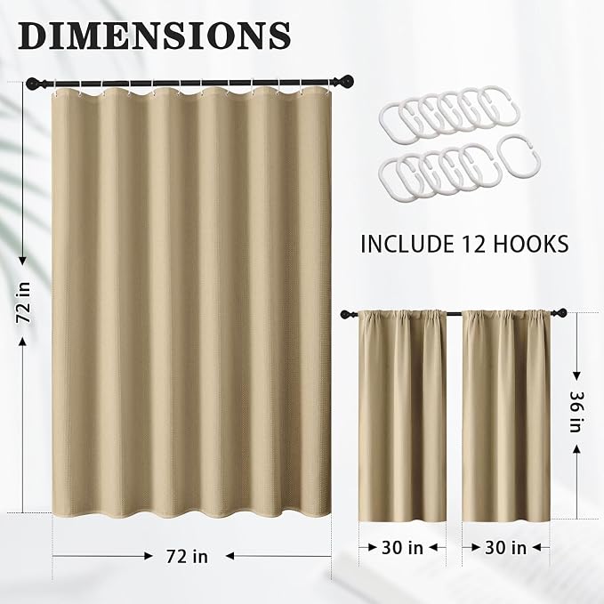 Shower Curtain Set, for Bathroom Decor 72" x 72", Modern Beige | Beige Waffle Textured Solid Waffle Textured Cloth Waterproof Matching Window Shower Curtain 36 x 30 Inches