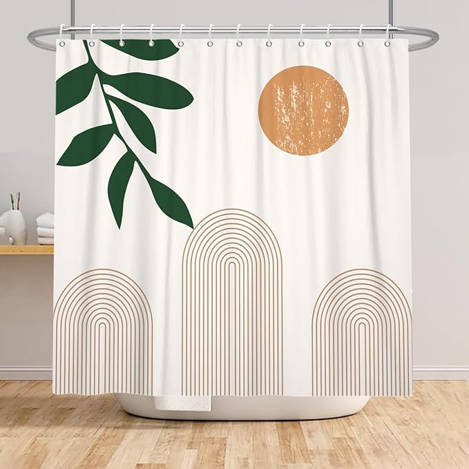Boho Mid Century Shower Curtain Abstact Arch Sun Leaves Modern Minimalist Geometric Plant Aesthetic Shower Curtains Polyester Fabric Bathroom Decoration Curtain with Hooks 72x78 inch