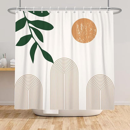Boho Mid Century Shower Curtain Abstact Arch Sun Leaves Modern Minimalist Geometric Plant Aesthetic Shower Curtains Polyester Fabric Bathroom Decoration Curtain with Hooks 72x84 inch