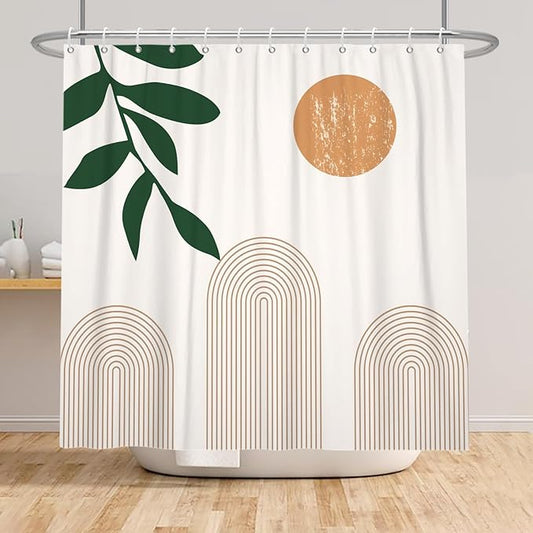 Boho Mid Century Shower Curtain Abstact Arch Sun Leaves Modern Minimalist Geometric Plant Aesthetic Shower Curtains Polyester Fabric Bathroom Decoration Curtain with Hooks 72x84 inch