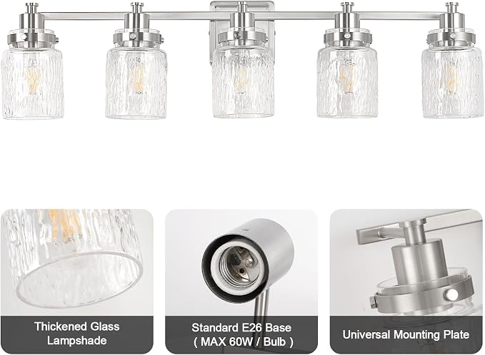 5 Light Bathroom Vanity Light Fixtures Modern Brushed Nickel | ETL Certificate, Easy to Install,Wall Mount Up or Down,Hammered Glass Lampshade,E26 Socket,Hardwired,120V