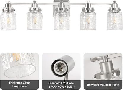 5 Light Bathroom Vanity Light Fixtures Modern Brushed Nickel | ETL Certificate, Easy to Install,Wall Mount Up or Down,Hammered Glass Lampshade,E26 Socket,Hardwired,120V
