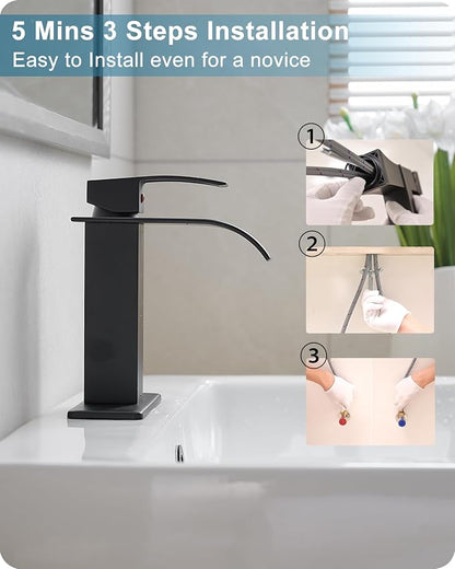 Matte Black Bathroom Faucet 1 Hole or 3 Hole (4 Inch), Brass Waterfall Faucet for Bathroom Sink, Modern Bathroom Faucets Single Handle with Deck Plate & Pop-up Drain Supply Hoses No Noise