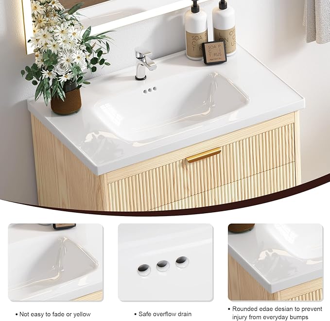 Bathroom Vanity with Sink, 32 Inch Single Bathroom Vanity with Sink with Storage Cabinet for Small Space, Freestanding Storage Bathroom Vanity with 2 Soft Closing Cabinets, Nature Wood