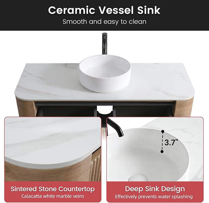 48" Floating Bathroom Vanity with Sink, Rounded Edges, Honey Oak | Pre-Assembled Fluted Wall Mounted Vanity with White Ceramic Vessel Sink and Countertop, Soft-Close Drawer & Towel Rack