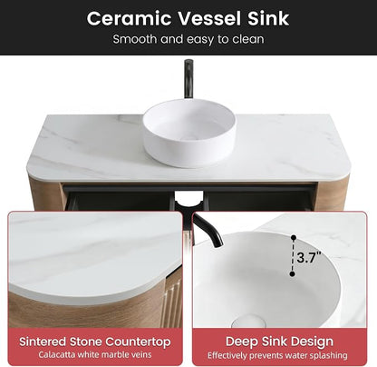 48" Floating Bathroom Vanity with Sink, Rounded Edges, Honey Oak | Pre-Assembled Fluted Wall Mounted Vanity with White Ceramic Vessel Sink and Countertop, Soft-Close Drawer & Towel Rack