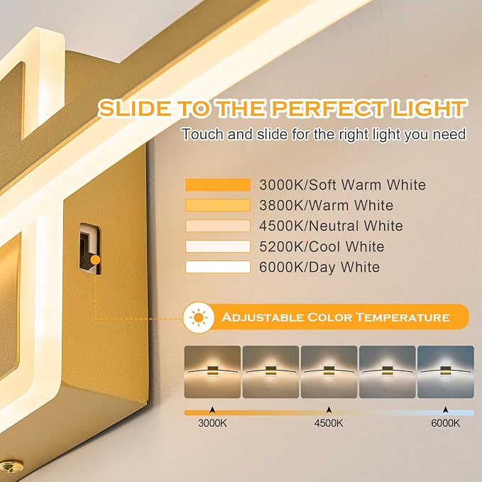 Benkut Modern LED Wall Sconce Gold Light Fixtures Over Mirror Modern Bath Wall Lighting for Bathroom, Dimmable Vanity Light for Bathroom(5CCT 23.6Inch)