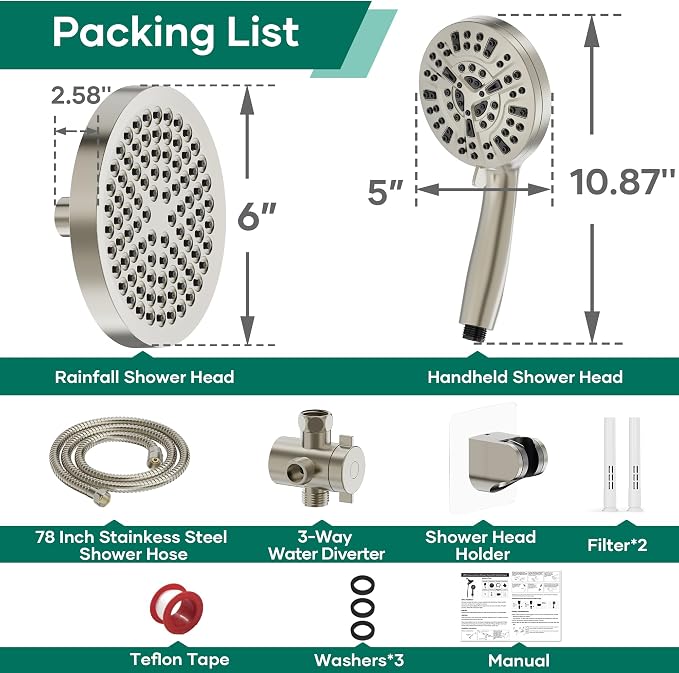 Shower Head with Handheld Spray Combo, Dual Rain Shower Head | High Pressure Performance, 10-Mode Spray Options, Replaceable Filter, Flexible 67" Hose, Durable Brushed Nickel Finish