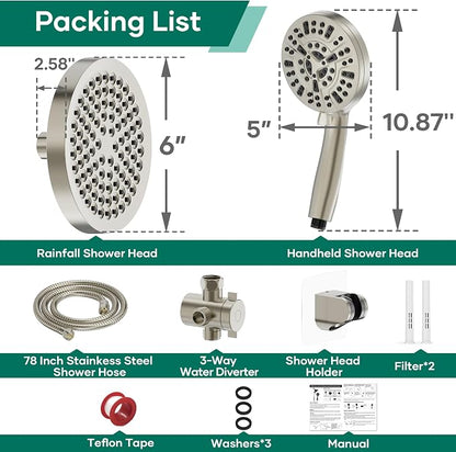 Shower Head with Handheld Spray Combo, Dual Rain Shower Head | High Pressure Performance, 10-Mode Spray Options, Replaceable Filter, Flexible 67" Hose, Durable Brushed Nickel Finish