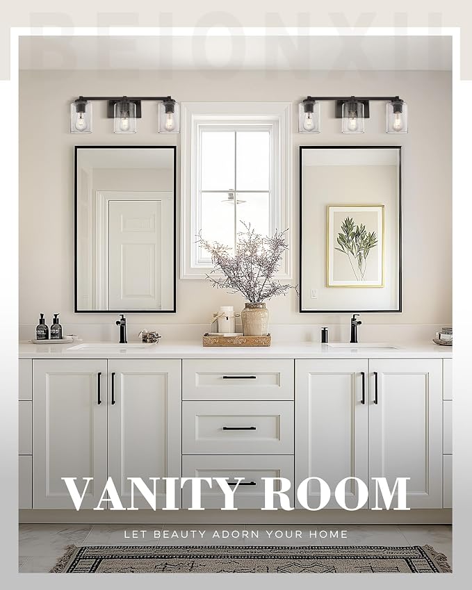 Beionxii 25In Farmhouse Bathroom Light Fixtures,Rustic Vanity Light Fixture | 3-Light Bathroom Vanity Light Fixture, Seeded Glass Shade, Oil Rubbed Bronze Over Mirror for Bathroom Living Room, BXMB9002-3