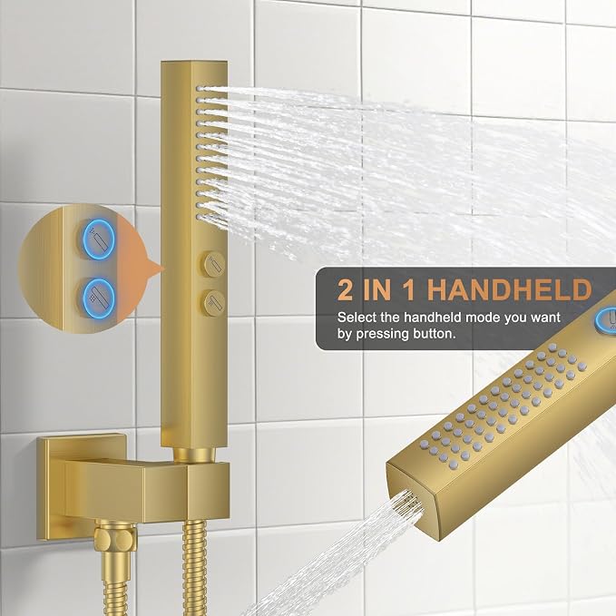 Rain Shower System 12" & 6" Dual Shower Heads Ceiling Shower Faucet Set | Ideal for bathroom remodels and upgrades with 12" rain shower, 6" angled shower, handheld spray and complete valve kit.