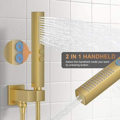 Rain Shower System 12" & 6" Dual Shower Heads Ceiling Shower Faucet Set | Ideal for bathroom remodels and upgrades with 12" rain shower, 6" angled shower, handheld spray and complete valve kit.