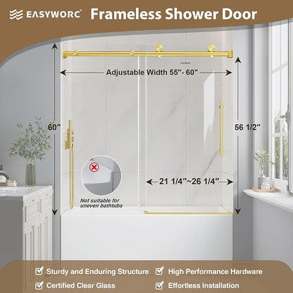 55-60" W x 60" H Bathtub Shower Door Frameless Brushed Gold | 1/4''(6mm) SGCC Tempered Glass,Explosion Proof Film,Nano Coating,Customizable width,Reversible installation,Easy to Clean