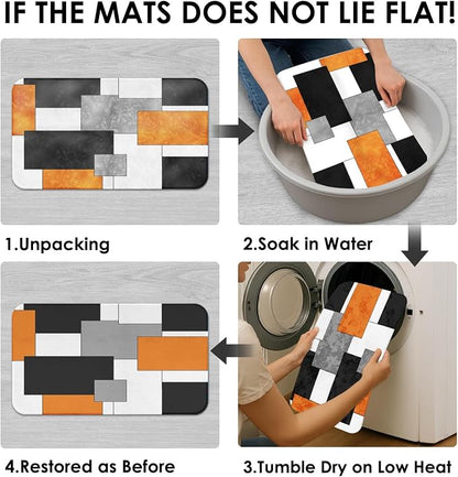 Bathroom Sets with Shower Curtain and Rugs, 4 Pcs, Geometric | Checkered Modern Abstract Orange Bathroom Decor Set with Toilet Lid Cover, Non-Slip Bath Mats and Accessories 12 Hooks
