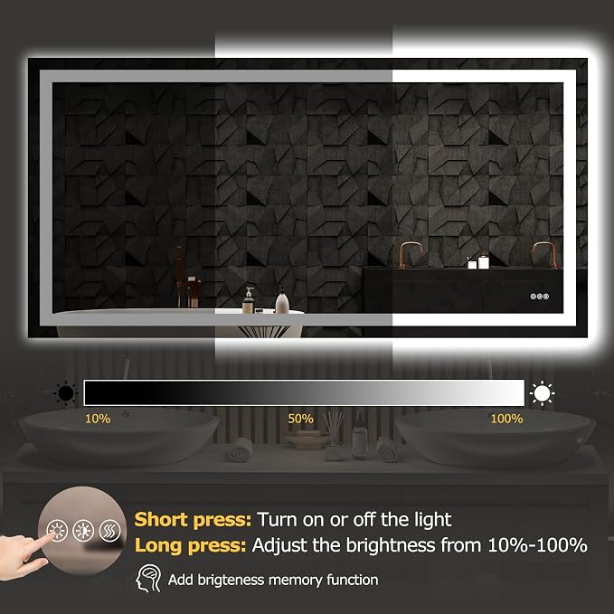 Hivone 72"X36" LED Bathroom Mirror with Lights, Anti-Fog, Dimmable, Backlit + Front Lit, Smart Bathroom Vanity Mirror, Memory Function, Shatterproof, Tempered Glass (Horizontal/Vertical)