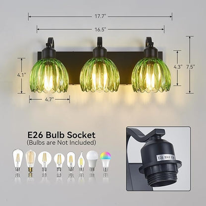 3-Light Black Vanity Lights with Green Tulip Glass Shade, Bathroom Lighting Fixture Over Mirror, Vintage Vanity Wall Sconce Lamp for Kitchen Living Room Hallway