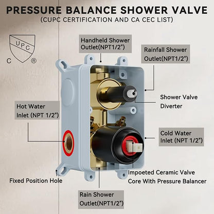 Matte Black Shower System Shower Faucet Sets, Dual Head Shower Set STARBATH 12'' Ceiling Mount and 6''Wall Mount Rainfall Shower Systems with Multifunctional Filtered Handheld Sprayer for Two Person