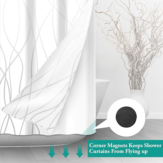 No Hook Ombre Grey White Striped Stall Shower Curtain with Snap in Liner Set - Hotel Shower Curtain and Liner Set with See Through Mesh Top Window,Machine Washable, 54x80 INCH