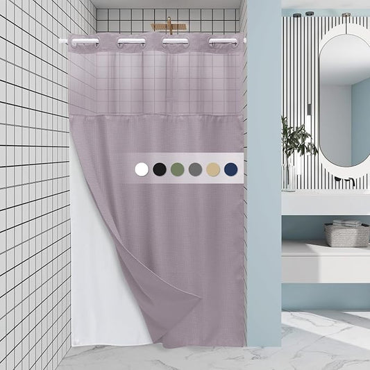 EUTXL Heavyweight Lavender Stall No Hook Shower Curtain with Snap in Liner,256GSM Waffle Weave Shower Curtains for Bathroom,54W x 80H