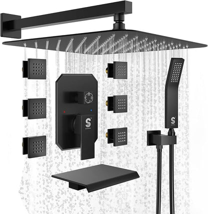 Waist Massage Spray Shower System with 6 Body Jets and Tub Spout, 16'' Full Body Bathtub Shower System with Shower Jet, Wall Mounted Rain Shower and Handheld Shower Faucet Set Complete, Matte Black