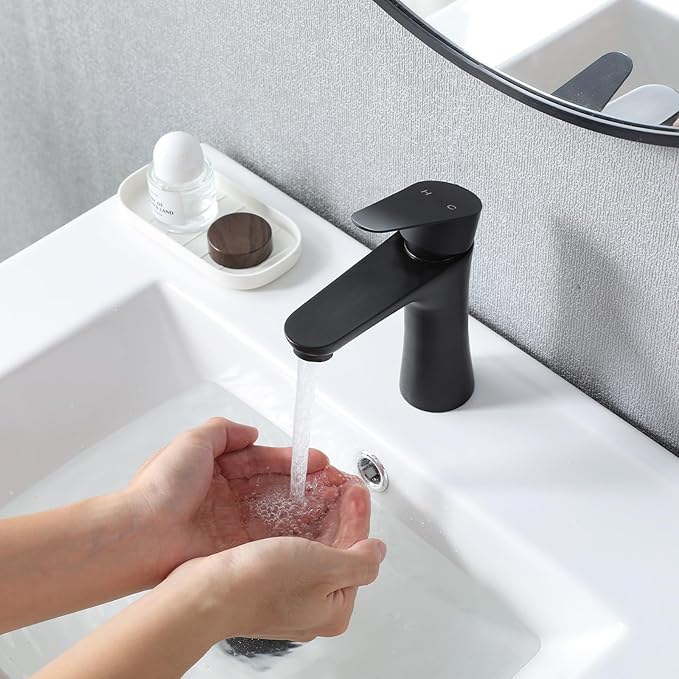 VAPSINT Black Bathroom Faucet 1 Hole, Matte Black Single Handle Bathroom Sink Faucet, Single Hole Stainless Steel Modern Vanity Faucets for Vessel RV with Water Supply Hoses and Pop Up Drain