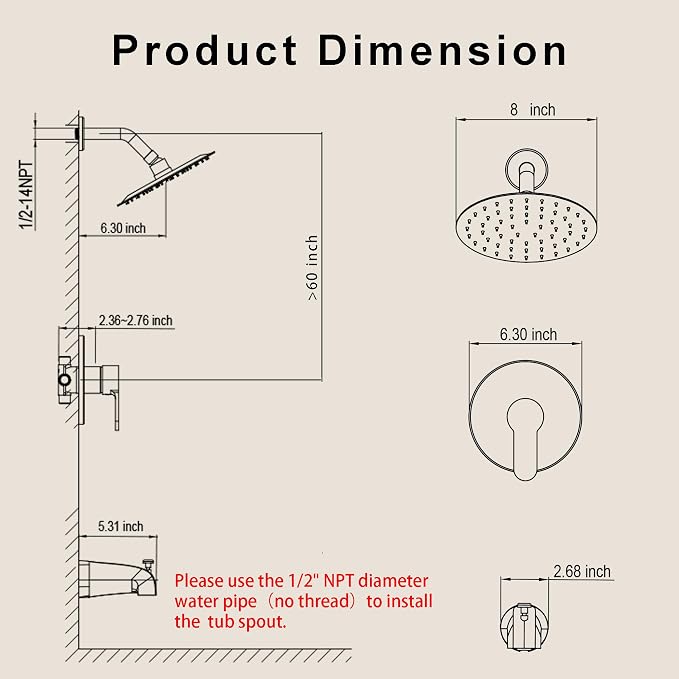 Tub Shower Faucet, Brushed Gold Shower Faucet Set with 8-Inch All-Metal Rainfall Showerhead and Bathtub Spout, Single-Handle Tub Shower-Trim Kit Included Valve, Brushed Gold