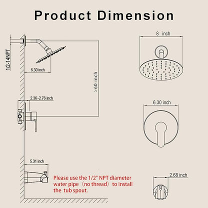 Tub Shower Faucet, Brushed Gold Shower Faucet Set with 8-Inch All-Metal Rainfall Showerhead and Bathtub Spout, Single-Handle Tub Shower-Trim Kit Included Valve, Brushed Gold