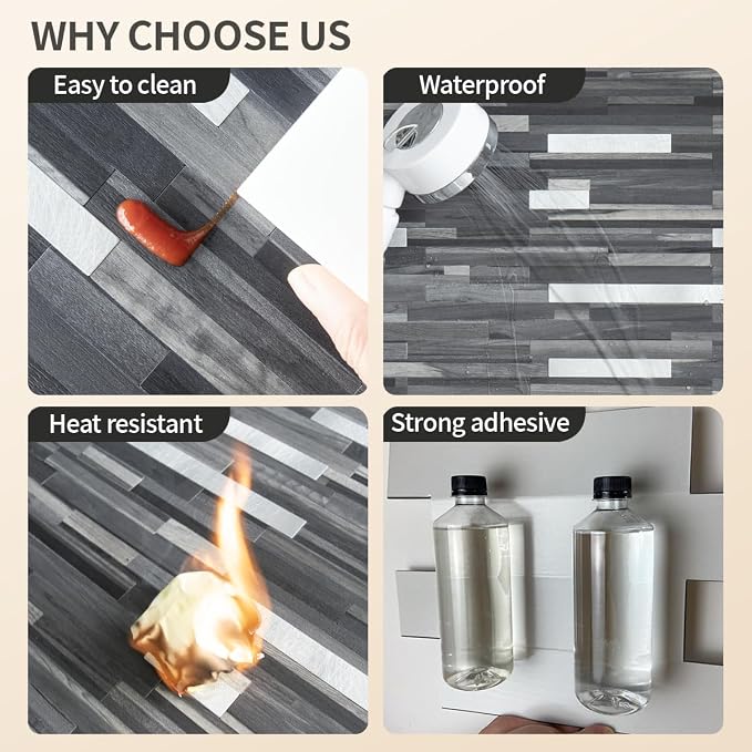 DICOFUN Peel and Stick Backsplash Tiles, Black & Grey Wood Look PVC Mixed Metal Stick on Backsplash Tiles, 1 Sheet