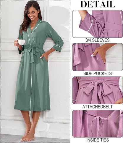 PrinStory Robes for Women 3/4 Sleeve Long Bath Robe XS-4XL | V-Neck Knit Bathrobe with Pockets, Lightweight, Soft, Breathable Robes for Shower, Spa, Travel, Home, Party, Nursing