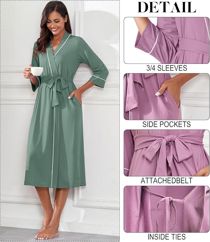 PrinStory Robes for Women 3/4 Sleeve Long Bath Robe XS-4XL | V-Neck Knit Bathrobe with Pockets, Lightweight, Soft, Breathable Robes for Shower, Spa, Travel, Home, Party, Nursing