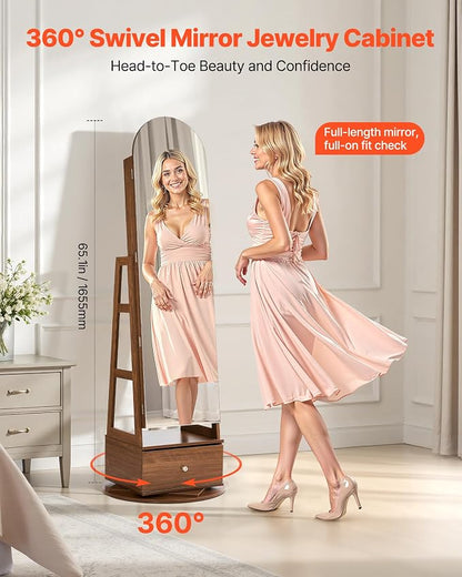 VEVOR 360° Swivel Jewelry Cabinet, 65.1-inch Tall, Full-Length Mirror with Storage, Standing Rotatable Jewelry Armoire Organizer, Lockable with 2 Keys, Accessory Pouches, Storage Shelves and Drawer