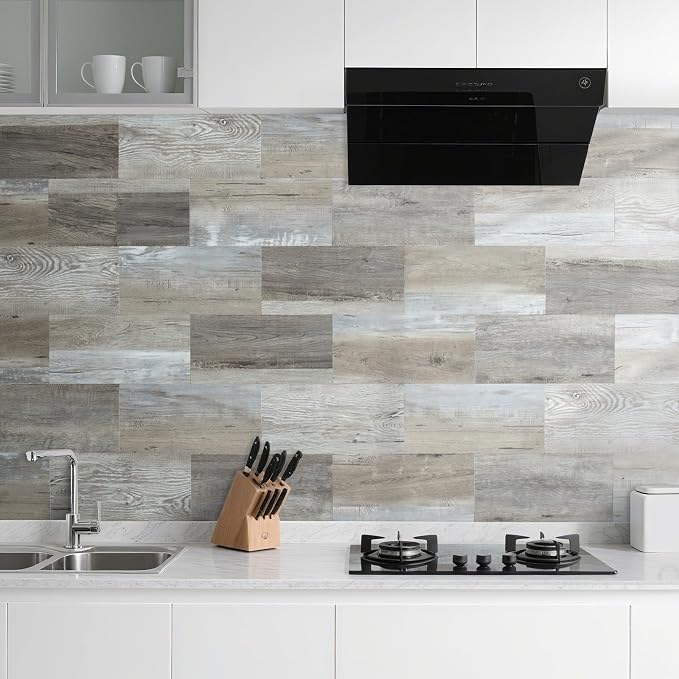 AULIGET 20-Piece Peel and Stick Backsplash Wall Tiles, 6" x 12" Vintage Wood PVC Faux Stone Stick on Tiles for Backsplash Kitchen
