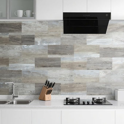 AULIGET 20-Piece Peel and Stick Backsplash Wall Tiles, 6" x 12" Vintage Wood PVC Faux Stone Stick on Tiles for Backsplash Kitchen