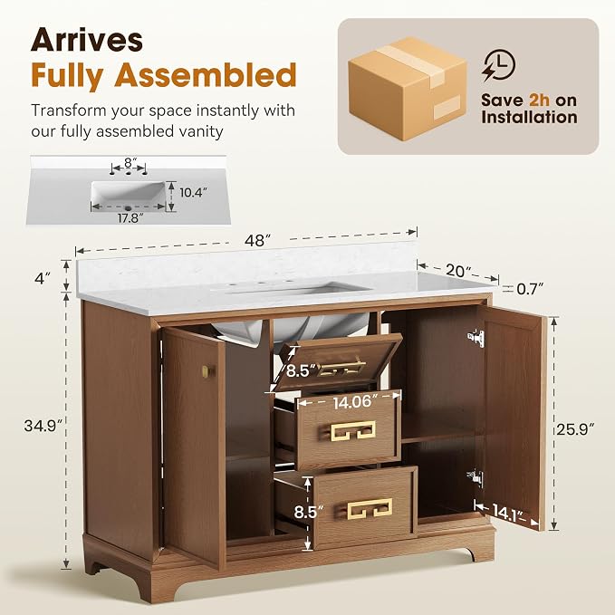 48 Inch Bathroom Vanity with Sink, Light Walnut | Fully Assembled Bathroom Cabinet, Marble Countertop & Backsplash, Soft Closing 2 Doors & 3 Drawers, Adjustable Shelves