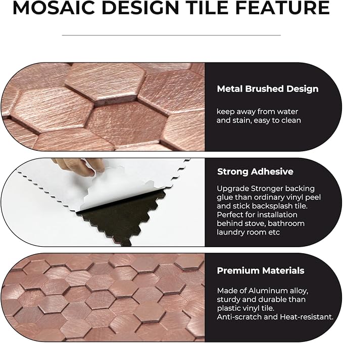 STICKGOO Peel and Stick Backsplash Tiles, Stick on Mosaic Self Adhesive Tiles, 3D Hexagon Backsplash for Kitchen Bathroom Fireplace Vanity (8PCS, Rose Gold)