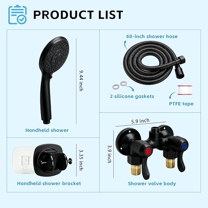 Outdoor Shower Kit Fixture Dual Handle Solid Brass 4 Inch Center Mix Valve with 59 Inch Hose and Showerhead Outdoor Shower System with ABS 6 Spray Mode Handheld Matte Black