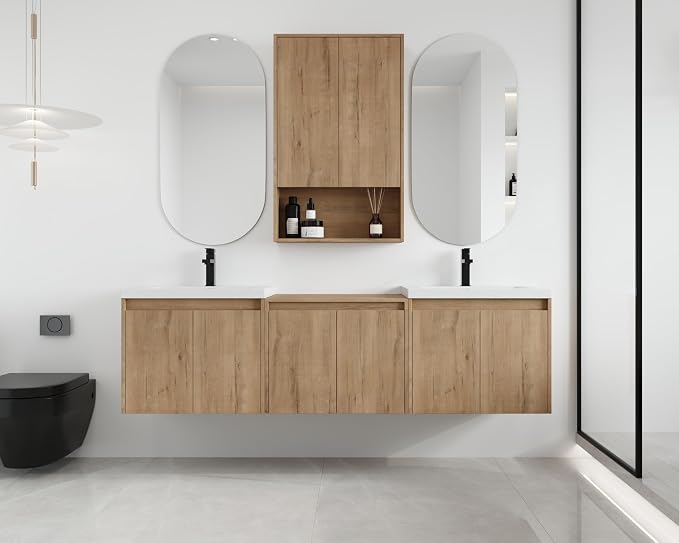 72'' Floating Bathroom Vanity with Double Sink, and 1 Side Cabinet, Brown | Double Sink Combo with 24" Side Cabinet, Plywood Cabinet, Resin Basin, Ample Storage, Soft-close Hinge, Assembly Required