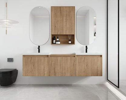 72'' Floating Bathroom Vanity with Double Sink, and 1 Side Cabinet, Brown | Double Sink Combo with 24" Side Cabinet, Plywood Cabinet, Resin Basin, Ample Storage, Soft-close Hinge, Assembly Required