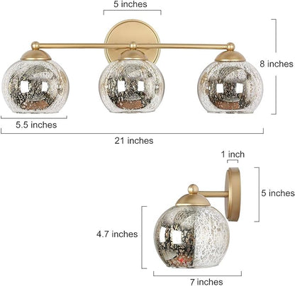 KSANA 3-Light Gold Vanity Light, Modern Globe Bathroom Light Fixtures with Mercury Glass Shades Over Mirror