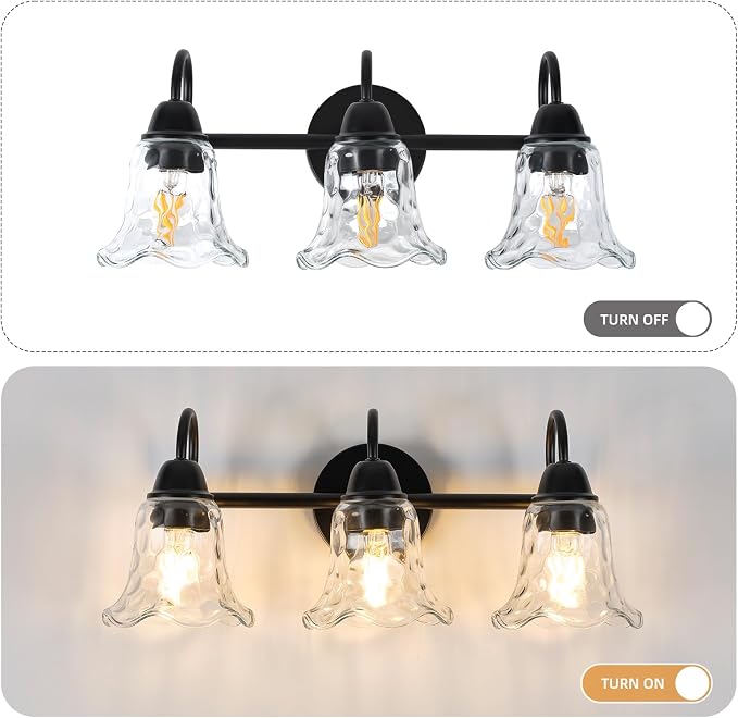 Bathroom Light Fixtures over Mirror, 3 Lights Vintage Wall Sconces with Hammered Glass Shade, 19.3" Matte Black Farmhouse Bathroom Wall Light Fixtures for Bedroom, Porch, Hotel, Mirror Cabinet