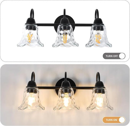 Bathroom Light Fixtures over Mirror, 3 Lights Vintage Wall Sconces with Hammered Glass Shade, 19.3" Matte Black Farmhouse Bathroom Wall Light Fixtures for Bedroom, Porch, Hotel, Mirror Cabinet