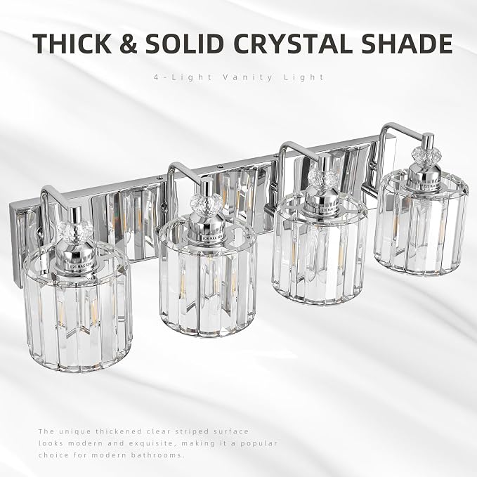 4-Light Modern Bathroom Light Fixture Chrome Bathroom Vanity Lights Over Mirror Wall Sconce Lighting with K9 Crystal Shades E26 Base for Bedroom, Living Room, Hallway, Cabinet Wall Lamp