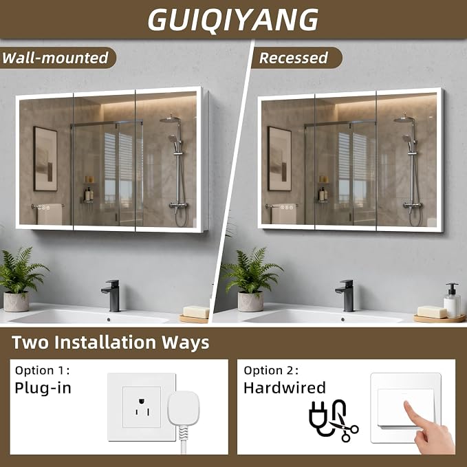 Medicine Cabinet with Lights, Bathroom LED Mirror Cabinet with Storage, Anti-Fog & 3 Color Lights, Recessed or Wall Mounted (48X32 in)