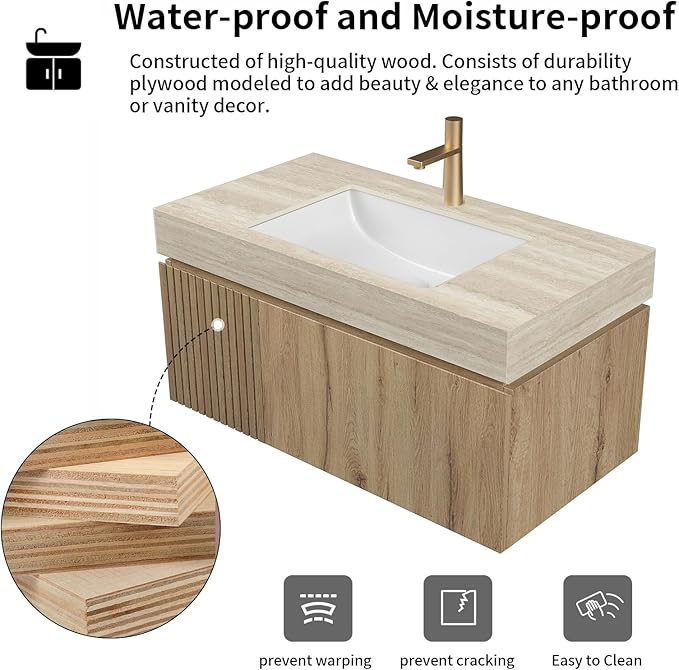 LKTART Floating 36 Inch Bathroom Vanity with Sink, Modern Plywood Wall Mounted Bathroom Storage Cabinet with 1 Door and 1 Drawer, Roma Travertine-Pattern Sintered Stone Countertop and Ceramic Basin